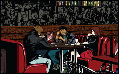 Friends sitting and talking in  cafe.