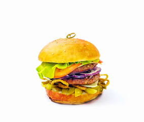 a huge hamburger with tomato and cucumber on white background 2
