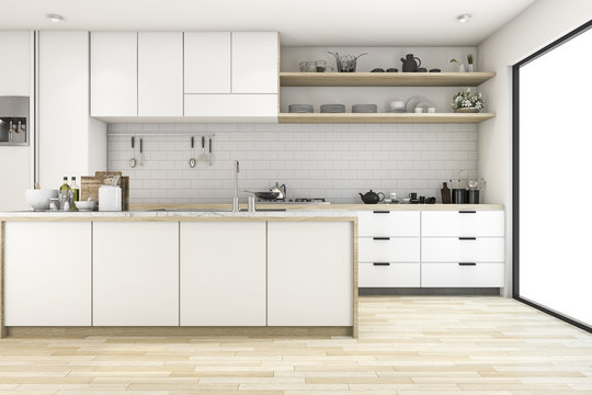 3d rendering scandinavian kitchen with white tone design