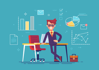 Confident businessman standing cross-legged leaning on a table with business process icons and infographics on background. Vector illustration.