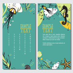 Set of banners sea life and underwater theme, modern design layout, graphic elements sea animals jellyfish, starfish, seahorse and shells and plants isolated vector.