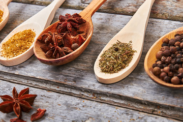 Many different aromatic spices in wooden spoons.