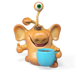 3d fantasy cartoon monster with cup isolated rendering