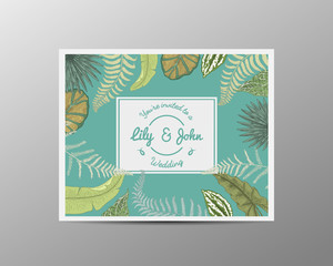 wedding invitation card, vintage engraved template for marriage, tropical leaves background groom and bride, hand drawn plants