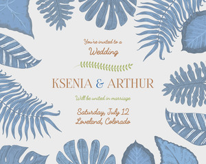 Fototapeta na wymiar wedding invitation card, vintage engraved template for marriage, tropical leaves background groom and bride, hand drawn plants