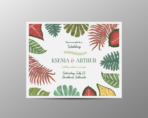 wedding invitation card, vintage engraved template for marriage, tropical leaves background groom and bride, hand drawn plants