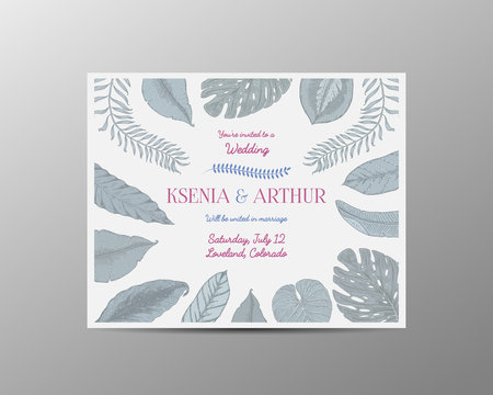 wedding invitation card, vintage engraved template for marriage, tropical leaves background groom and bride, hand drawn plants