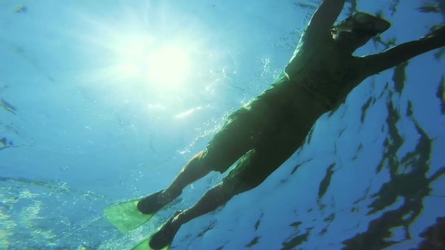 GoPro - Man floating on water, bottom of the sea POV.