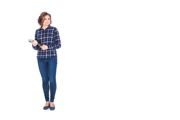 Full length portrait of a smiling beautiful woman student holding book isolated on a white background