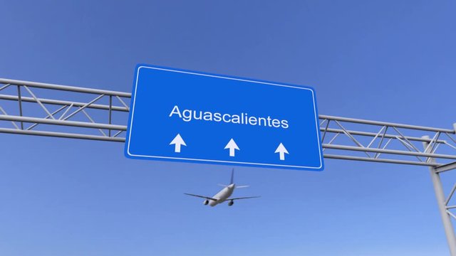 Commercial airplane arriving to Aguascalientes airport. Travelling to Mexico conceptual 4K animation
