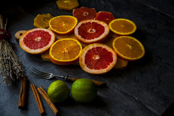 bright slices oranges on the table
