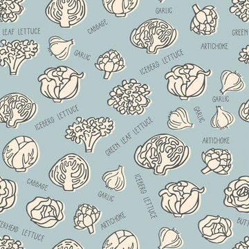 Seamless pattern with hand drawn vegetables. Perfect organic food pattern in flat style with hand drawn lettering