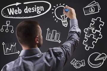 Technology, internet, business and marketing. Young business man writing word: Web design