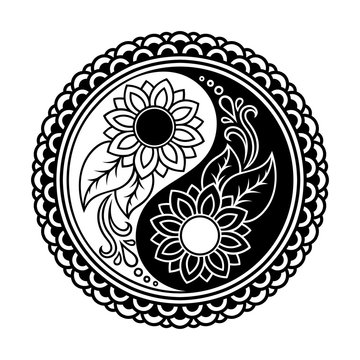 Vector henna tatoo mandala.Yin-yang decorative symbol. Mehndi style. Mehndi style. Decorative pattern in oriental style. Coloring book page.