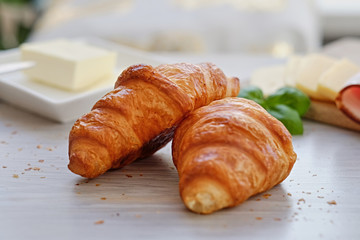 Close up croissant snacks on a table.