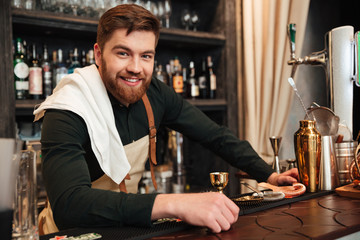 Cheerful young bearded man bartender standing in cafe.