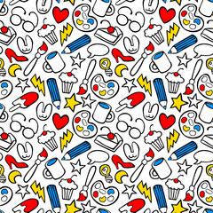 Abstract pattern: brush, paint, glasses, tea cup, muffin, pencil, heart, star, piece of pie, ice cream, high heels shoes. Seamless vector pattern (background).