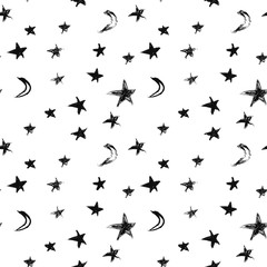 Seamless pattern with black hand drawn stars and crescent moons in grunge style. Vector illustration