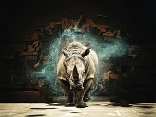Foto op Plexiglas Neushoorn neushoorn vernietigen bakstenen muur 3D-rendering afbeelding