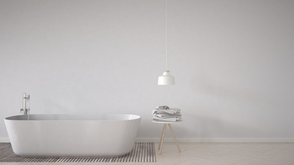 Scandinavian bathroom background, bathtub, table and lamp on herringbone natural parquet flooring, interior design © ArchiVIZ