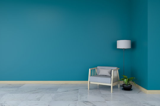 Minimalist room interior, gray armchair on marble flooring and dark green wall  /3d render