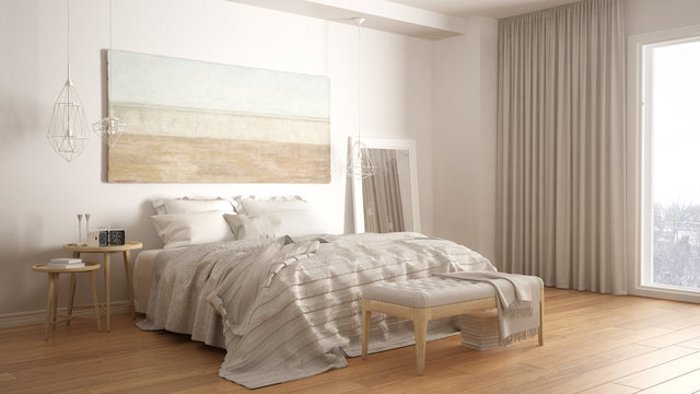 Classic bedroom, scandinavian modern style, minimalistic interior design
