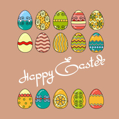 Greeting card with icon and handwritten word Happy Easter