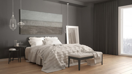 Fototapeta na wymiar Classic bedroom, scandinavian modern style, minimalistic interior design