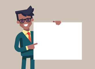 African american manager in formal suit holding a blank sheet and pointing by index finger to it. Template for your text. Cartoon character. Stock vector illustration in flat design.