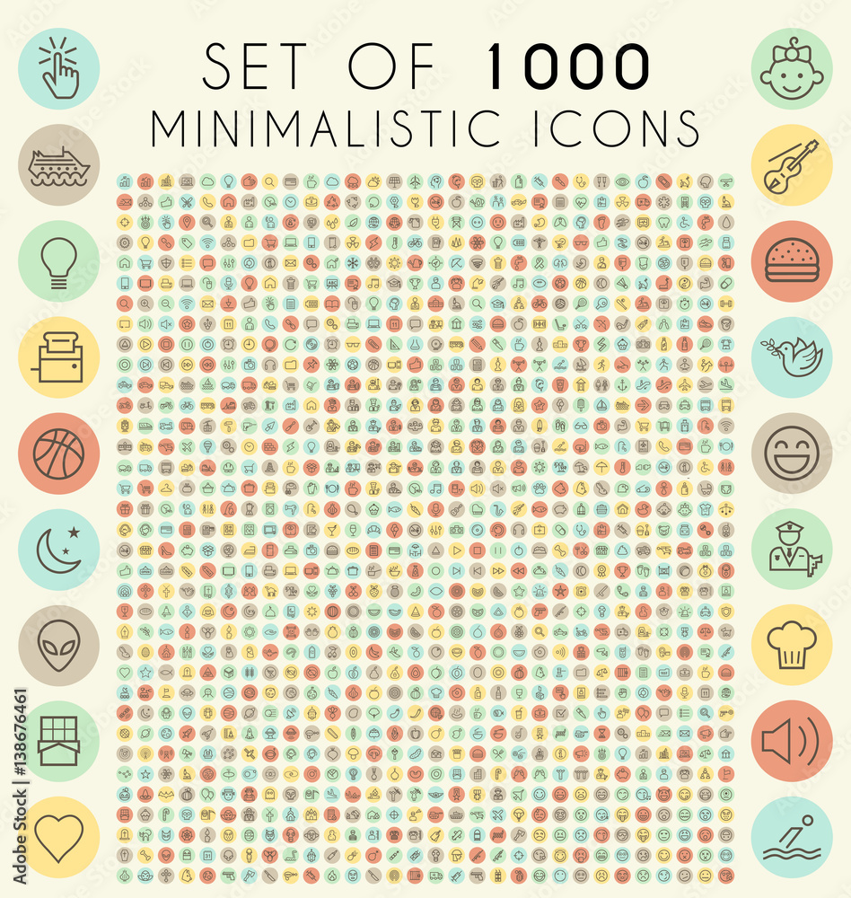 Poster set of 1000 isolated universal minimal simple thin line on circular color buttons