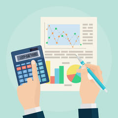 Data analysis concept. Business analytics. Financial audit, planning. Graphs and charts. Pen and calculator in hand isolated on background. Vector illustration. Flat style