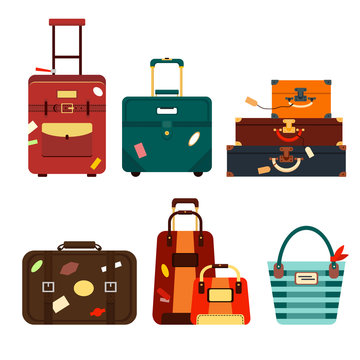 Set travel bags isolated on white background vector illustration. Collection business voyage packing, handle trip baggage. Summer time. Handbag and luggage for adventure