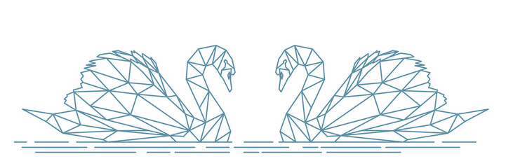 Fototapeta premium Due cigni astratti, illustrazione di uccelli geometrici, linee blu sullo sfondo bianco, file vettoriale