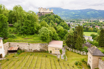 Panoramic view over stadt salzburg with ancient castle and small house, vineyard, rainy day and mountains, austria
