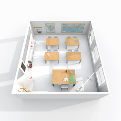 3d interior rendering of furnished classroom
