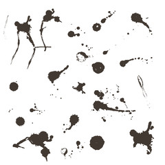 Black silhouette spot with droplets, smudges, stains, splashes. Ink blot in grunge style.