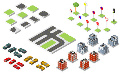 Set Isometric road and Vector Cars, Common road traffic regulatory, Building with a windows and air-conditioning. Vector illustration eps 10 isolated on white background.