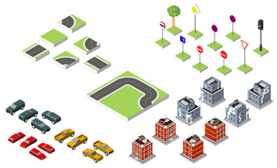 Set Isometric road and Vector Cars, Common road traffic regulatory, Building with a windows and air-conditioning. Vector illustration eps 10 isolated on white background.