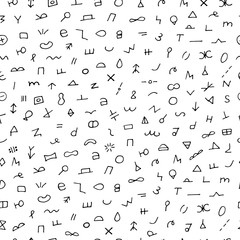 Black and white hand drawn seamless pattern. Abstract doodle background. Vector print. Random signs.
