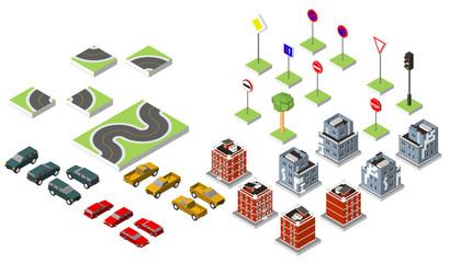 Set Isometric road and Vector Cars, Common road traffic regulatory, Building with a windows and air-conditioning. Vector illustration eps 10 isolated on white background.