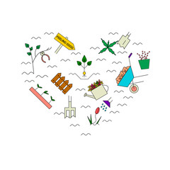 Gardening elements in the form of heart. I love gardening card. Vector line icons. Colorful spring blooming garden.