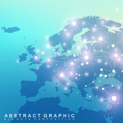 Geometric graphic background communication with Europe Map. Big data complex with compounds. Perspective backdrop. Minimal array. Digital data visualization. Scientific cybernetic vector illustration.