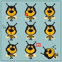 Funny little bee set in different poses. Collection isolated bee in cartoon style.
