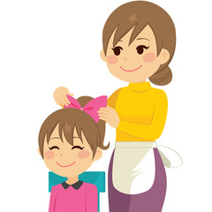 Happy young mother combing daughter hair with sweet face