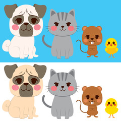 Illustration of four cute domestic pets on flat color style
