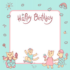 Vector children greeting card in pastel colors. Happy birthday. Girl with ice cream, kitten boy with fruit and sweet. Cat on a skateboard. Space for text.