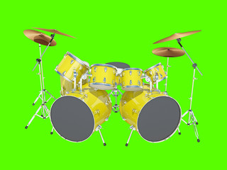 Yellow drum kit on a white background. Isolated on green. 3D Render