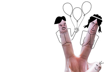 freehand art man and woman ,ballon , on victory fingerphoto with text space,white background,victory of love