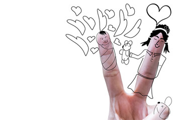 freehand art baby and woman ,ballon , on victory fingerphoto with text space,white background,victory of love