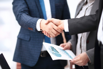 Business partnership meeting concept. Image businessmans handshake. Successful businessmen handshaking after good deal. Horizont